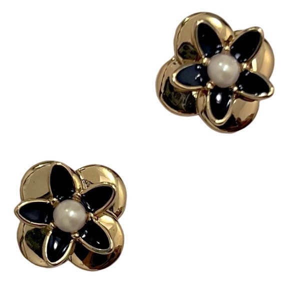 KATE SPADE • Elegant Gold & Black Floral Pearl Stud Earrings - Picture 1 of 5